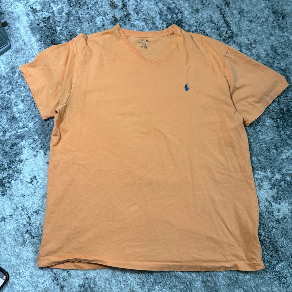 Polo Ralph Lauren Mens Orange V-Neck T-Shirt Blue Pony Logo Size Large‎ L/G